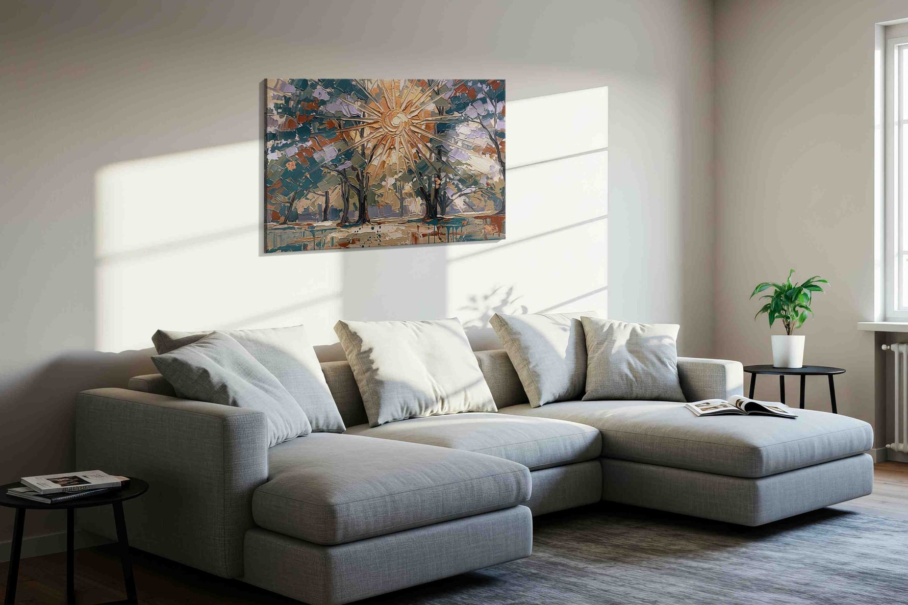 Sunlit Symphony in the Forest nature canvas print, displayed in a living room