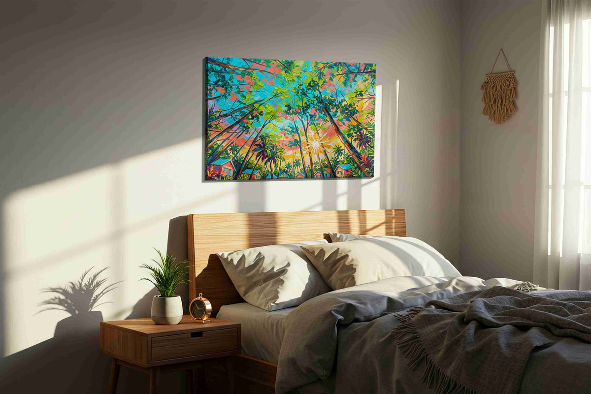 Tropical Canopy Radiance nature canvas print, displayed in a bedroom
