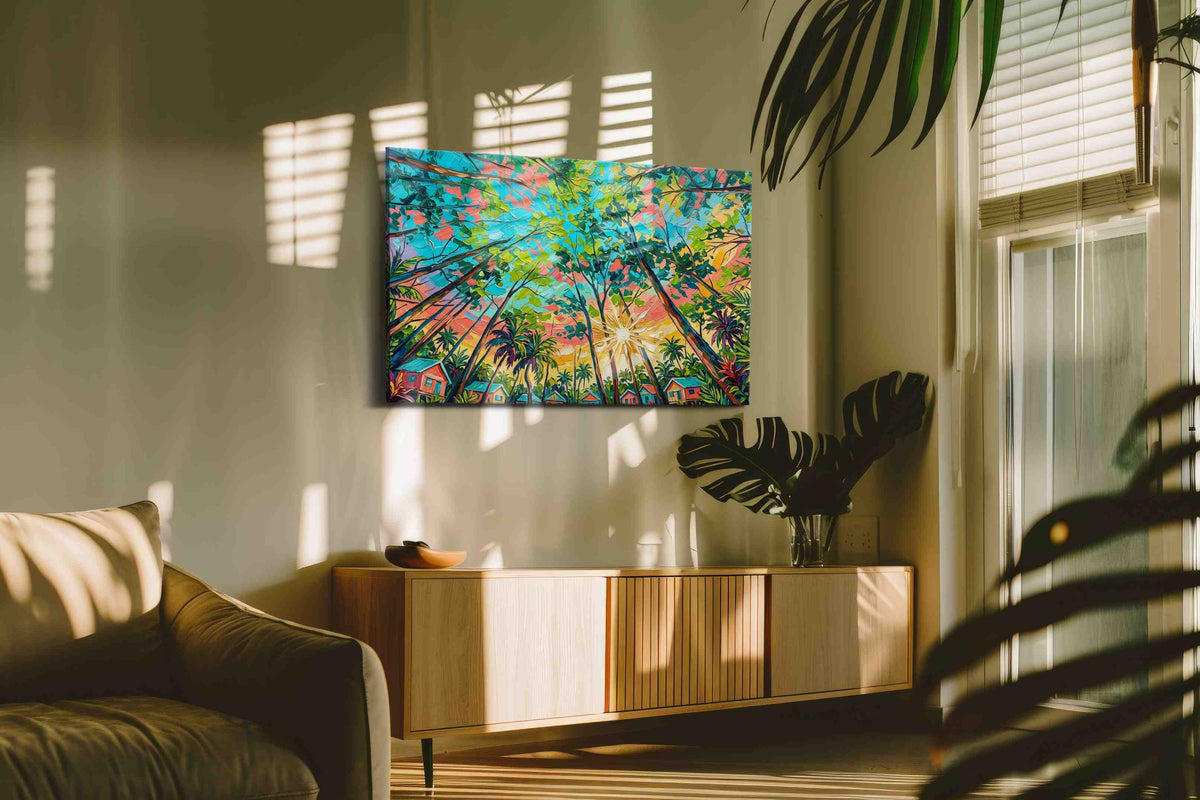 Tropical Canopy Radiance nature canvas print in a hung canvas mockup