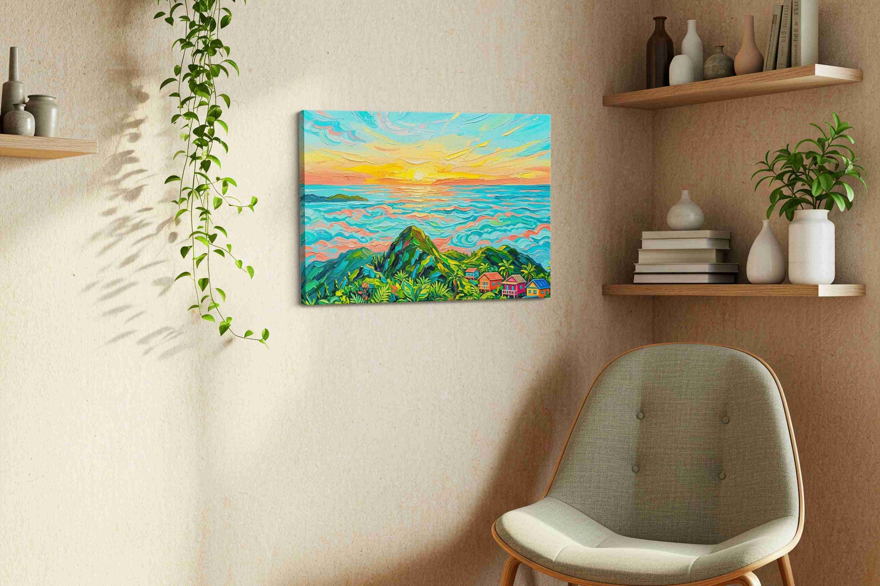 Tropical Dawn Symphony landscape canvas print styled in a living room