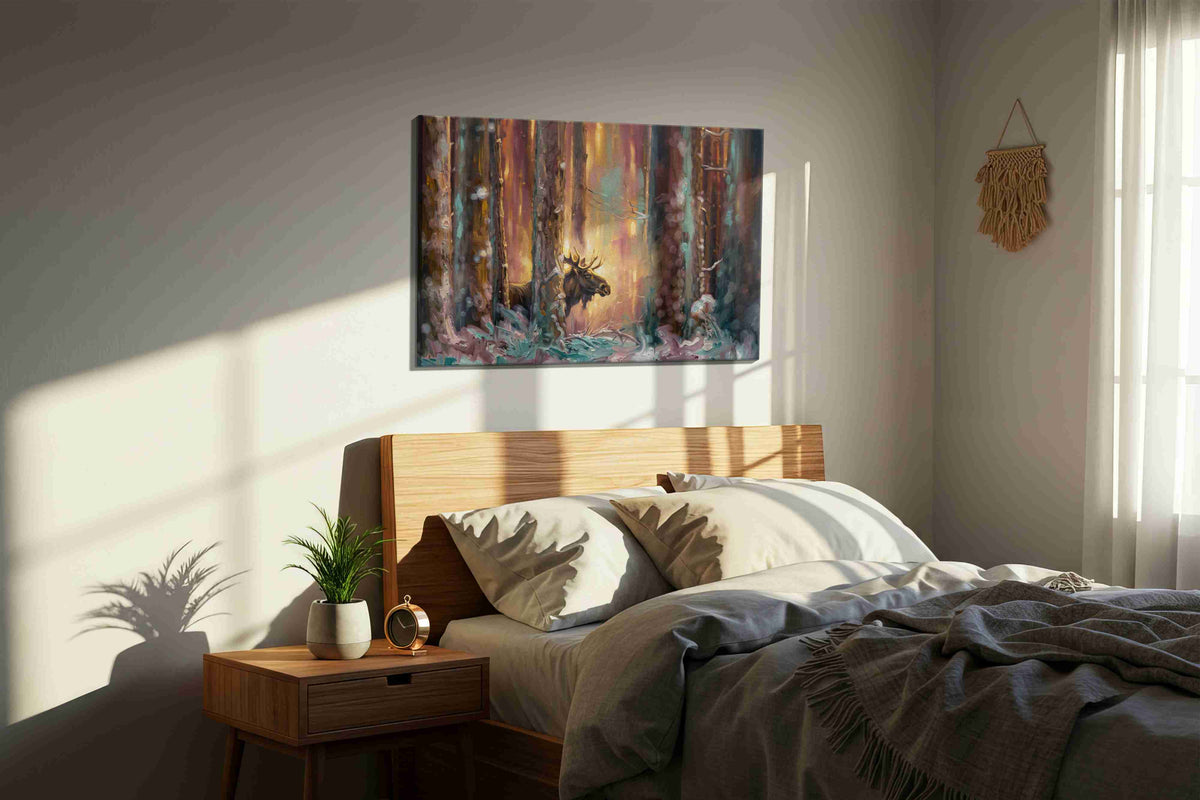 Whisper in the Enchanted Forest animals canvas print, displayed in a bedroom