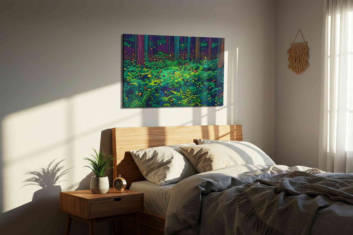 Whispering Fireflies animals canvas print, displayed in a bedroom