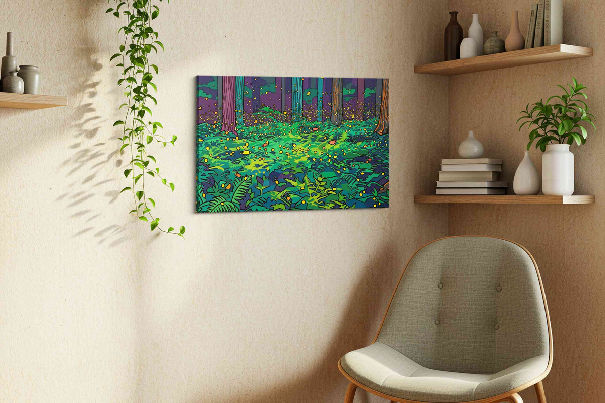 Whispering Fireflies animals canvas print, displayed in a living room