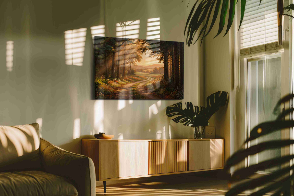 Whispering Woods at Dawn nature canvas print, on wall, lifestyle preview