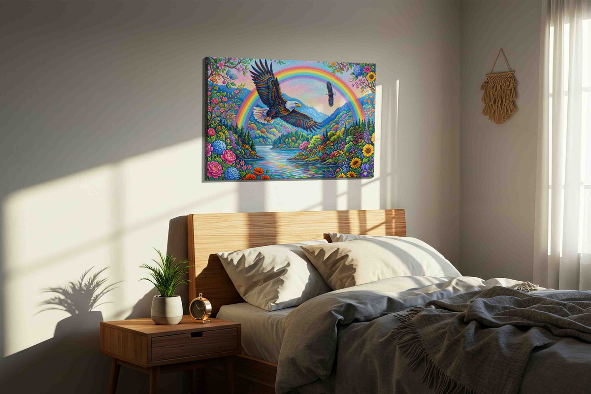 Wings of Radiant Harmony (Nature) - Birds, Bird Wall Art, Avian Canvas Print, Nature Bird Art in a bedroom scene