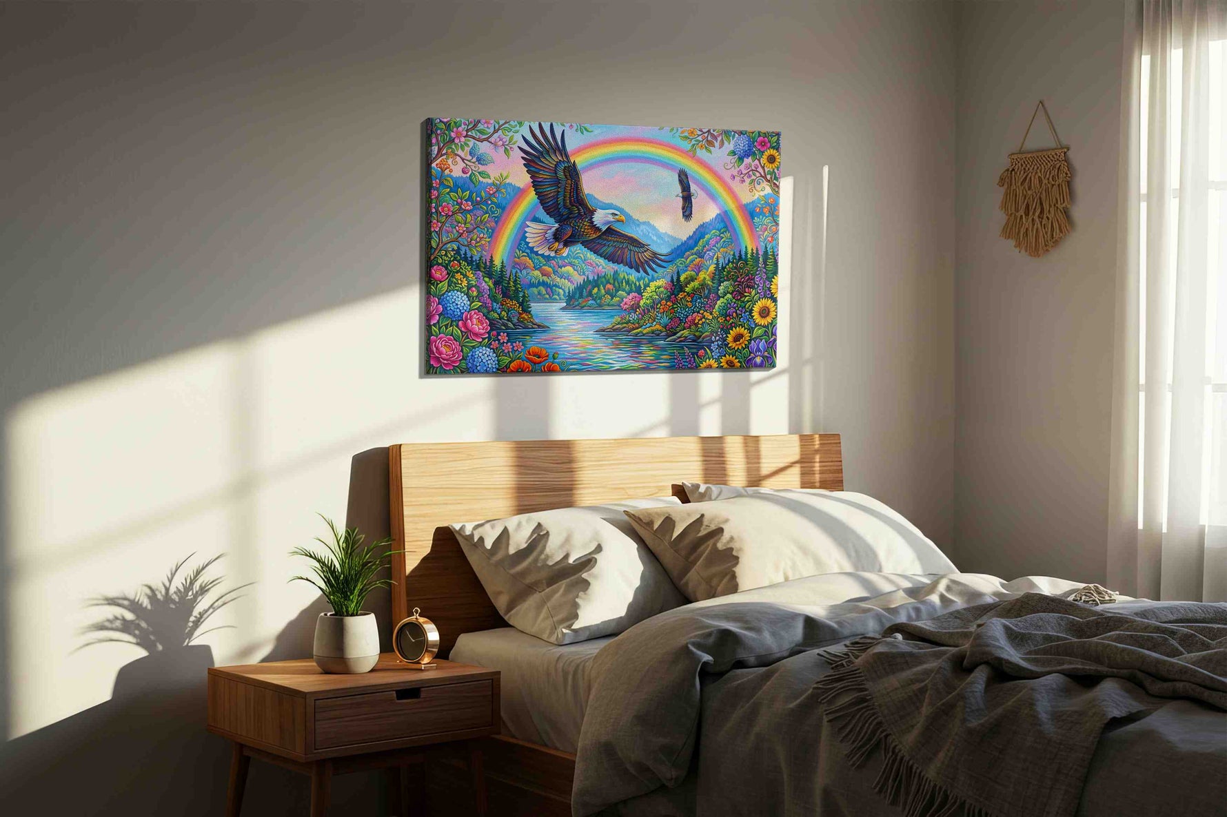 Wings of Radiant Harmony (Nature) - Birds, Bird Wall Art, Avian Canvas Print, Nature Bird Art in a bedroom scene