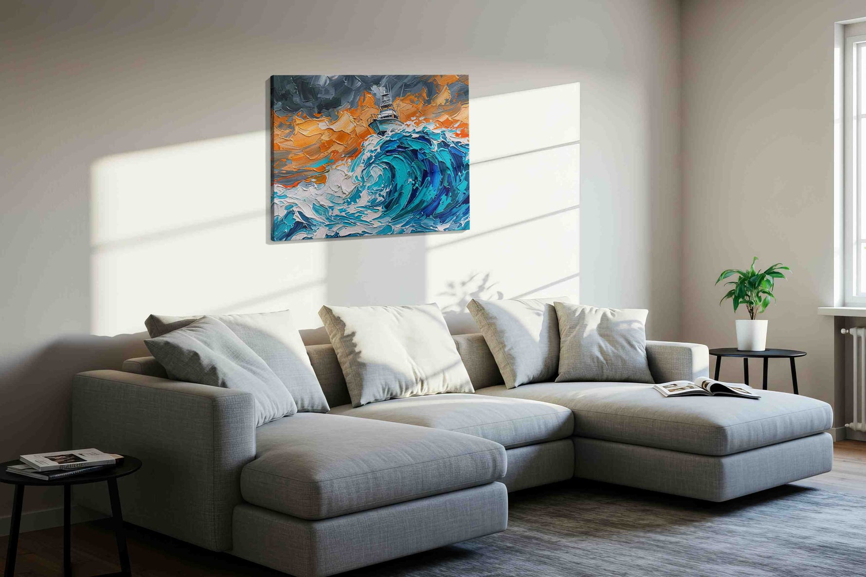 Tempest's Grace sailing canvas print, displayed in a living room