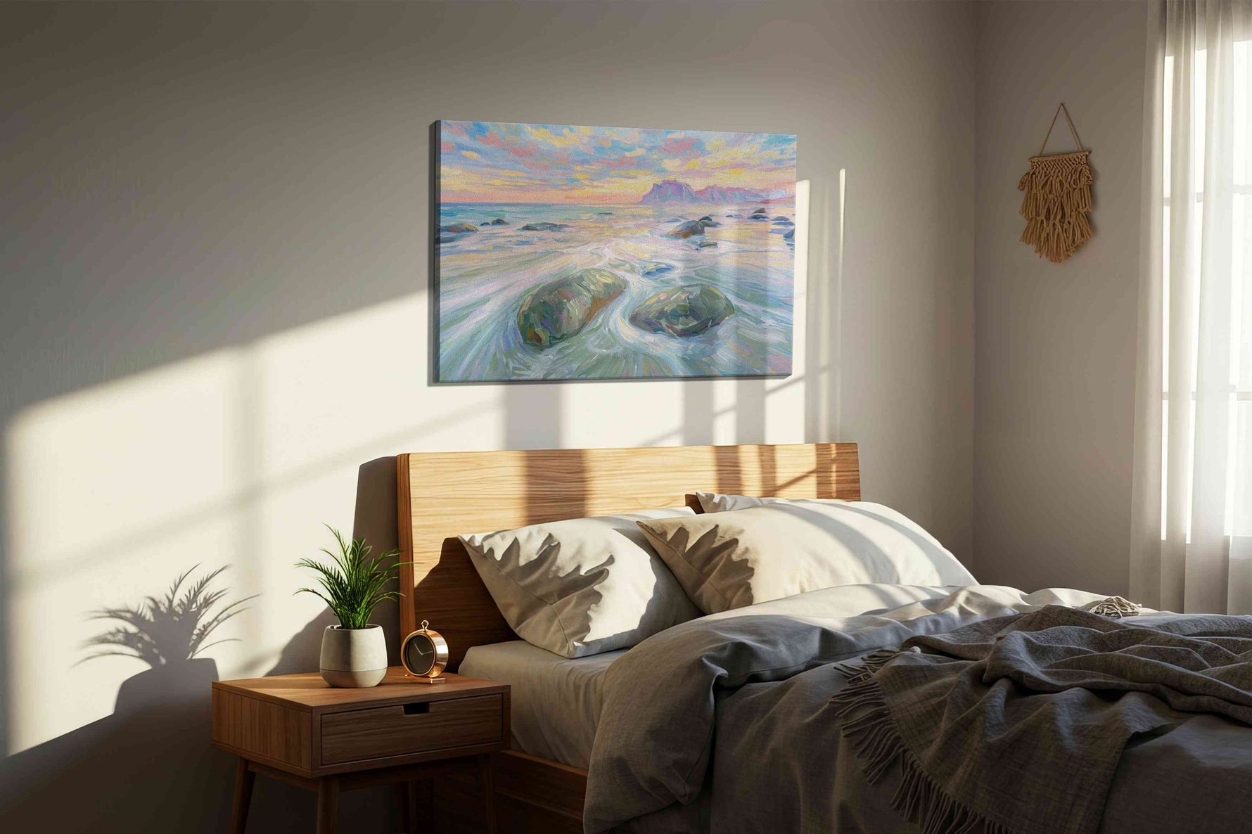 Tidal Symphony at Sunset nature canvas print, displayed in a bedroom