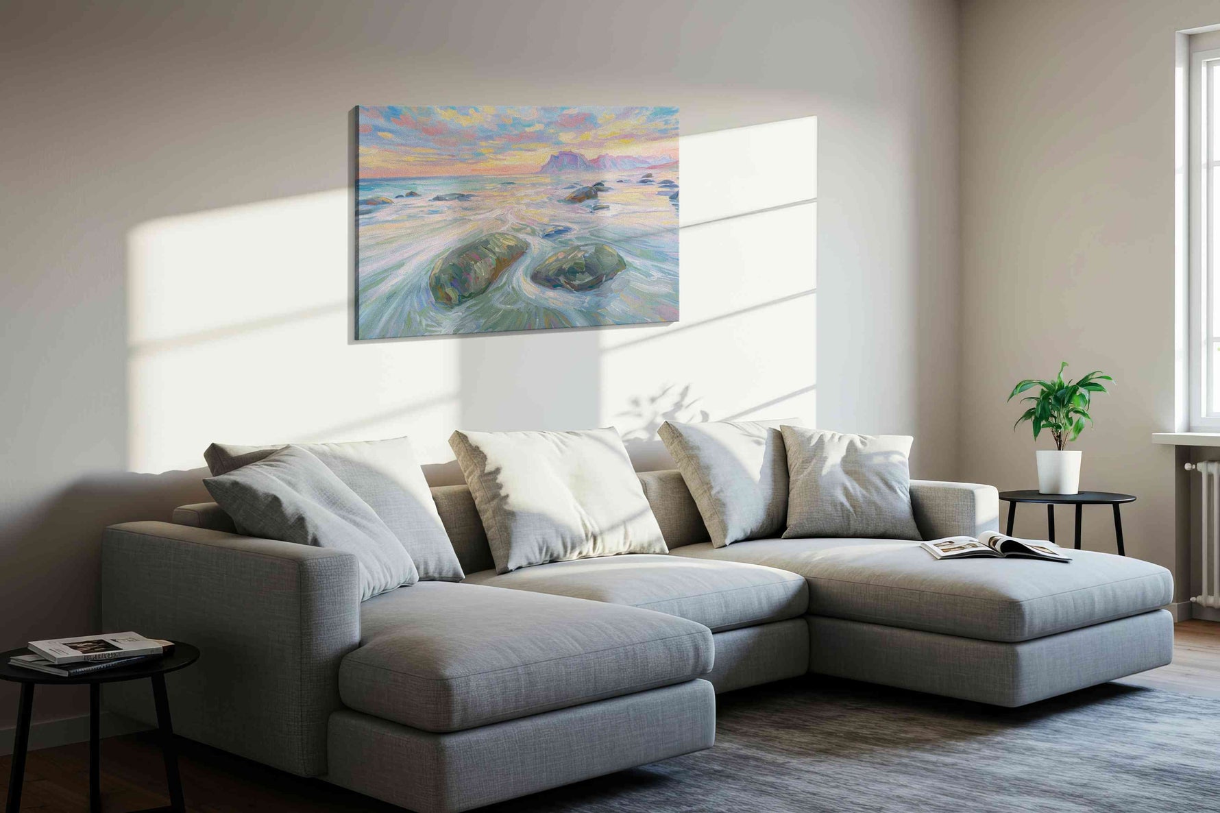 Tidal Symphony at Sunset nature canvas print, displayed in a living room