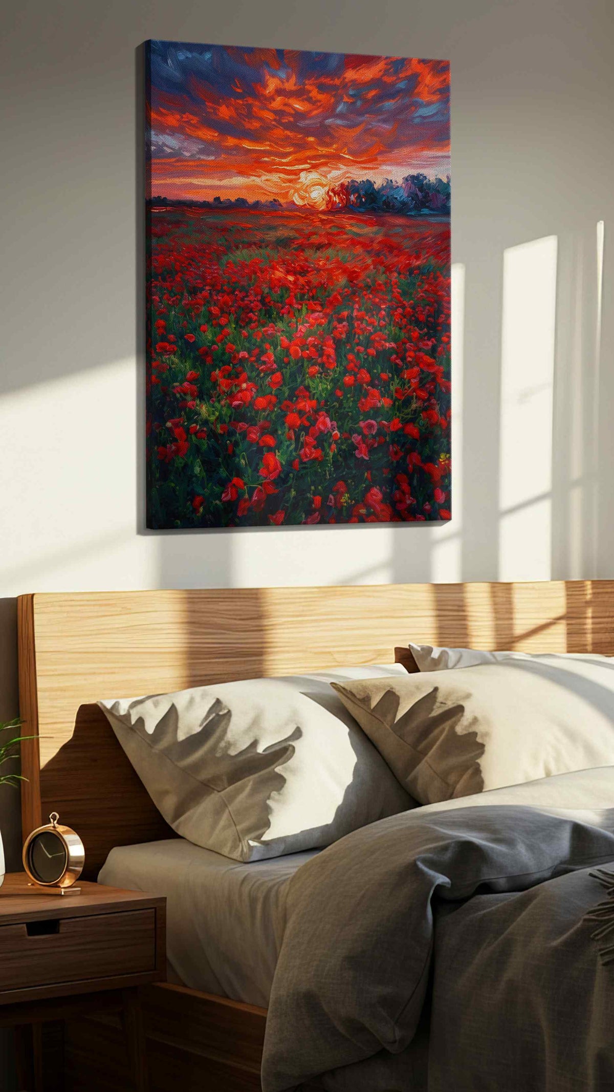 Crimson Horizon Bloom poppies canvas print, displayed in a bedroom
