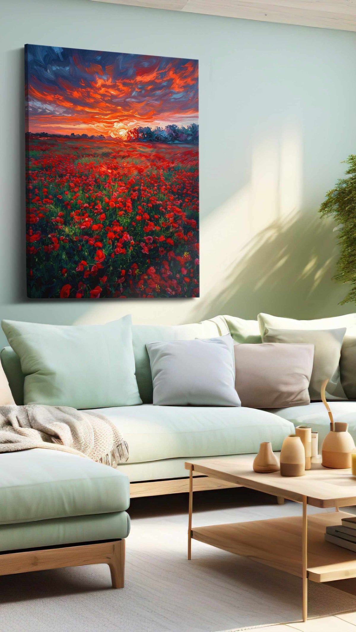 Crimson Horizon Bloom poppies canvas print, hanging on wall