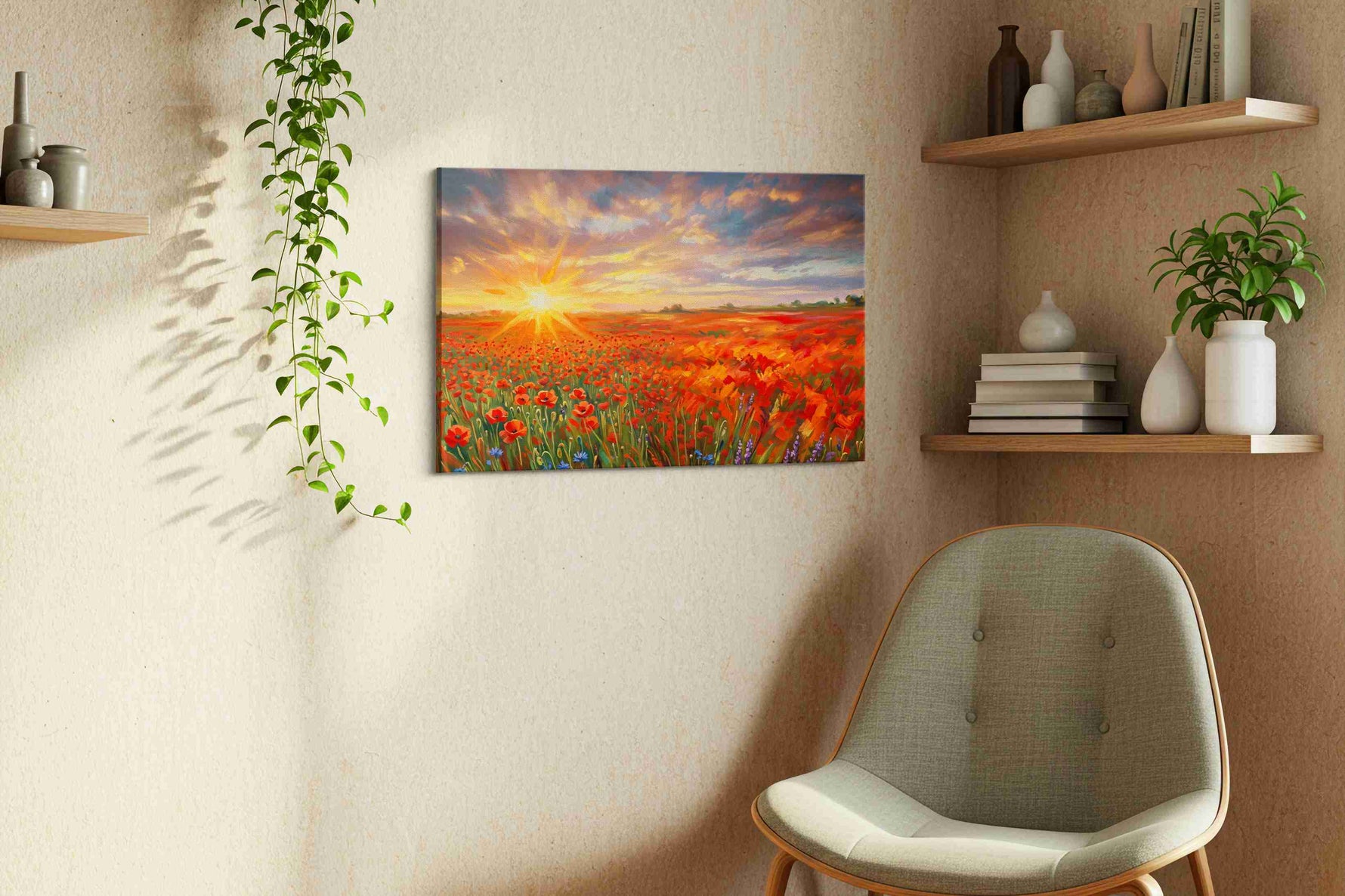 Crimson Reverie at Dusk poppies canvas print styled in a living room