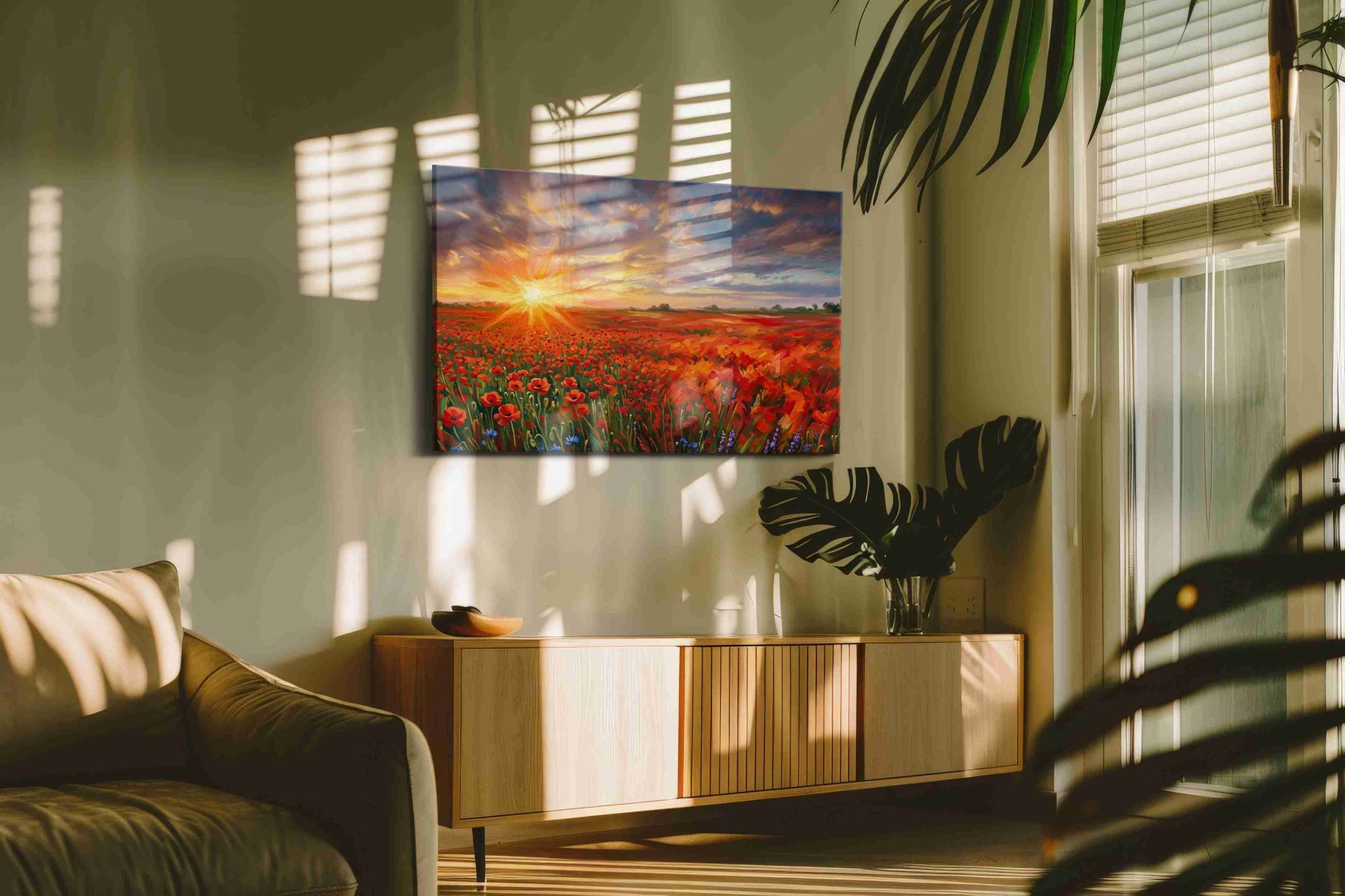Crimson Reverie at Dusk poppies canvas print, on wall, lifestyle preview