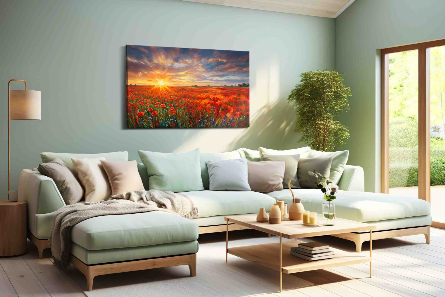Crimson Reverie at Dusk poppies canvas print, hanging on wall