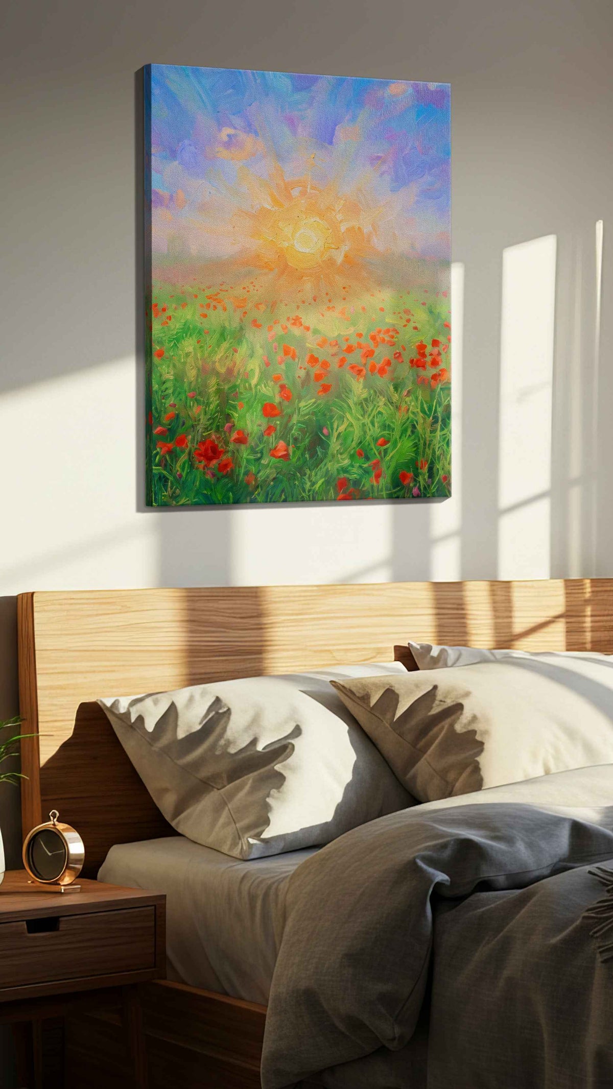 Eternal Bloom at Dawn poppies canvas print, displayed in a bedroom