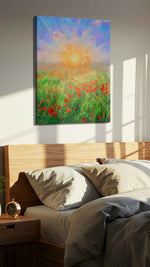 Eternal Bloom at Dawn poppies canvas print, displayed in a bedroom