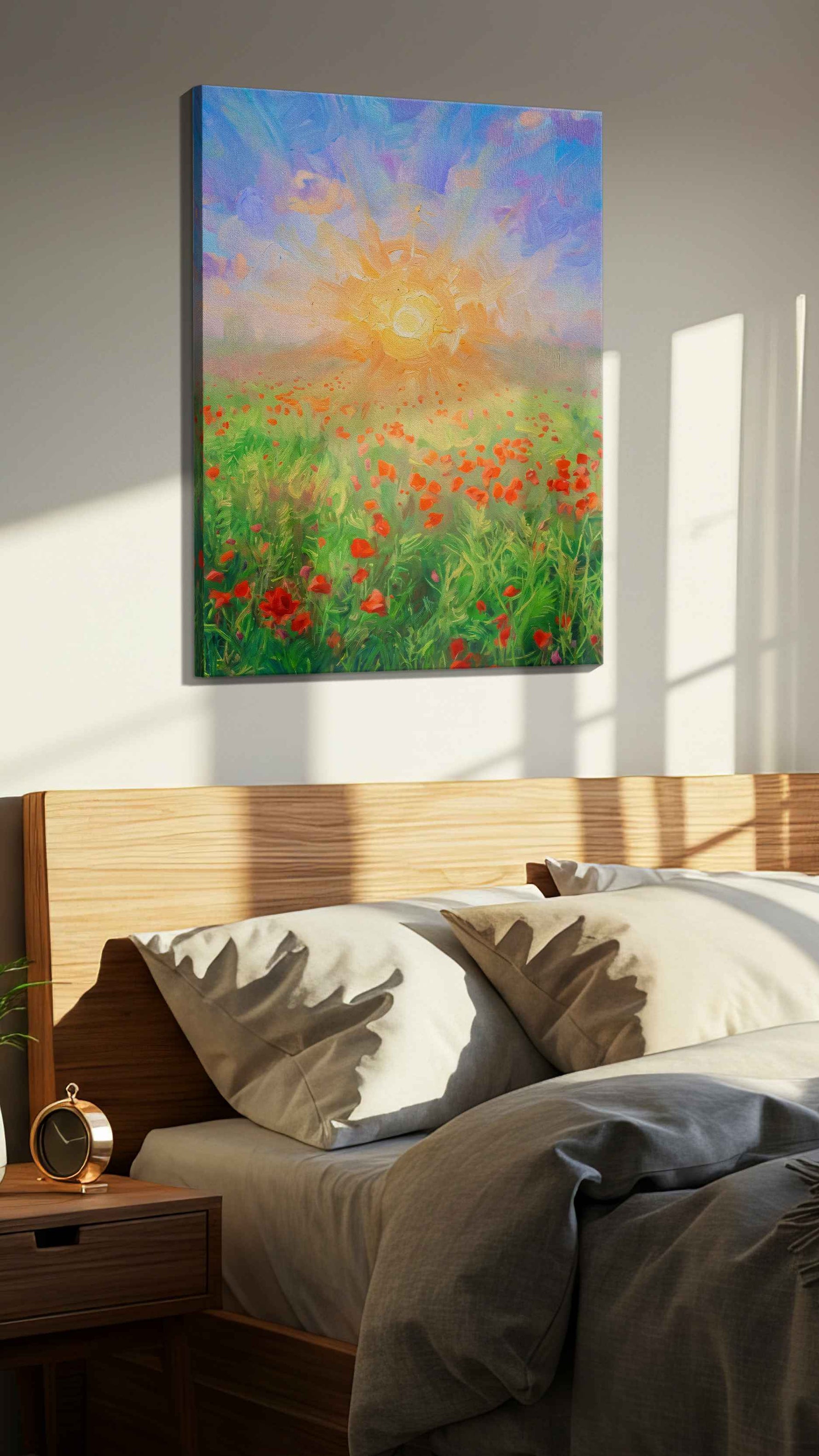 Eternal Bloom at Dawn poppies canvas print, displayed in a bedroom