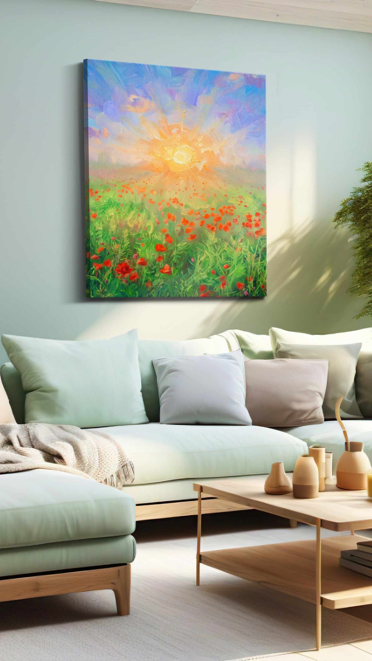 Eternal Bloom at Dawn poppies canvas print, hanging on wall
