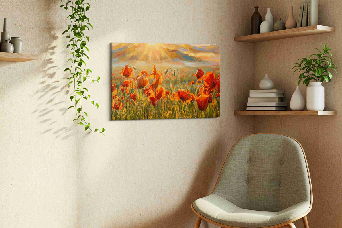 Sunlit Poppies in Bloom poppies canvas print styled in a living room