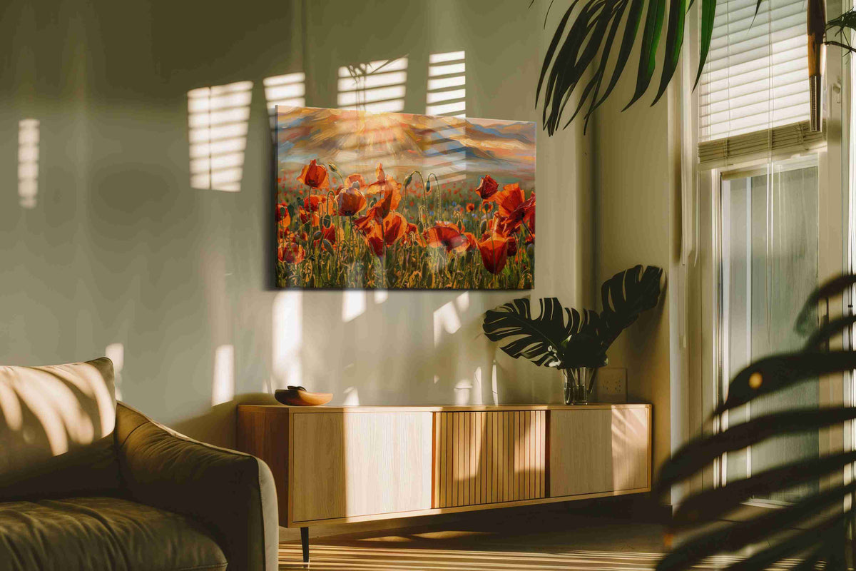 Sunlit Poppies in Bloom (Poppies) - Poppy Wall Art, Floral Canvas Print, Flower Decor in a hung canvas mockup