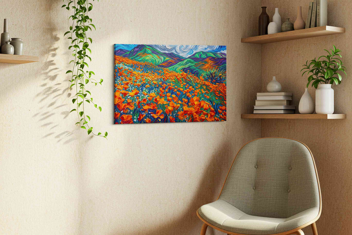 Whirling Fields of Color nature canvas print styled in a living room