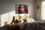 Vibrant Kaleidoscope Muse portraits canvas print, displayed in a bedroom