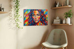 Vibrant Kaleidoscope Muse portraits canvas print, displayed in a living room