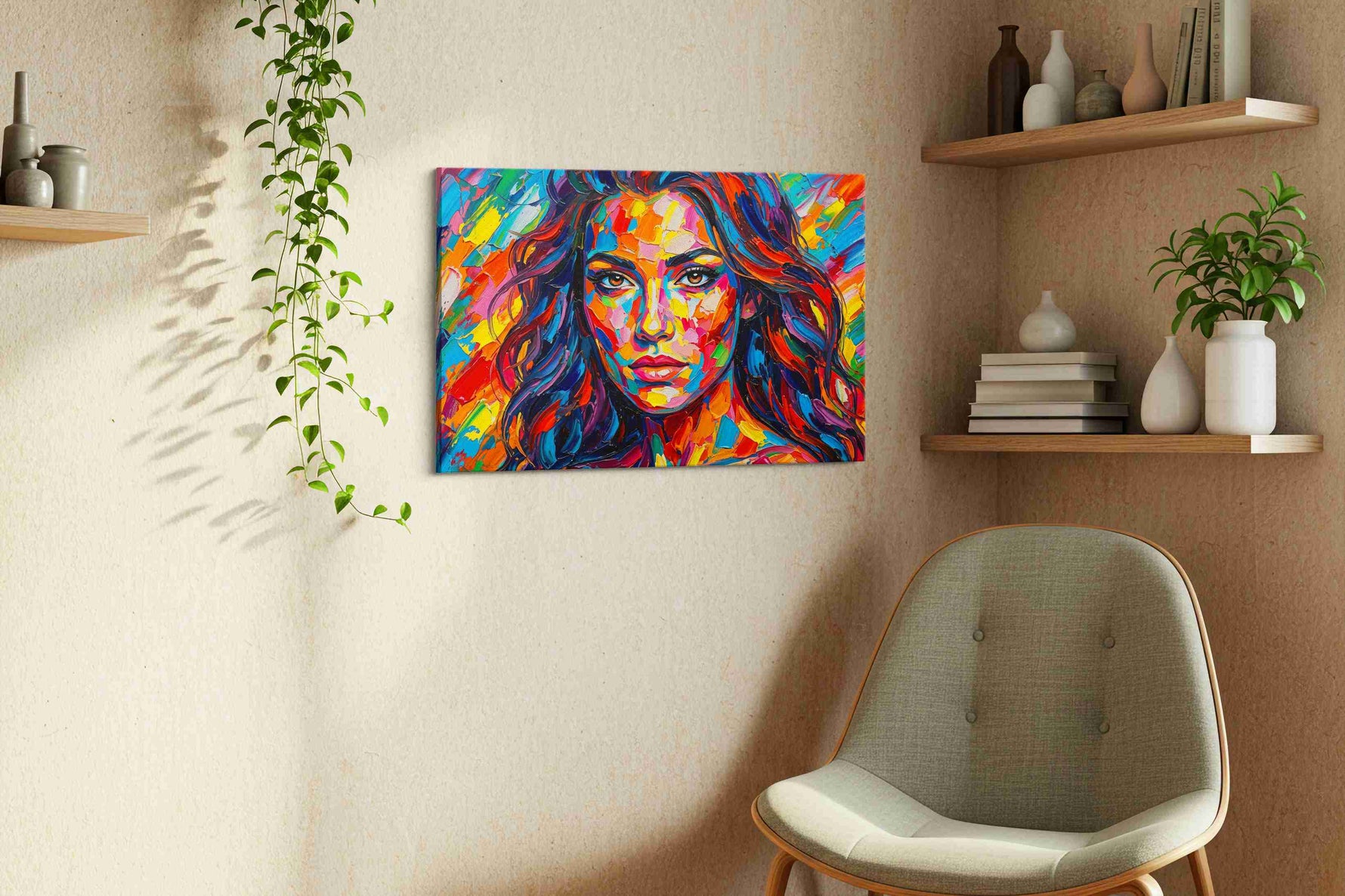 Vibrant Kaleidoscope Muse portraits canvas print, displayed in a living room