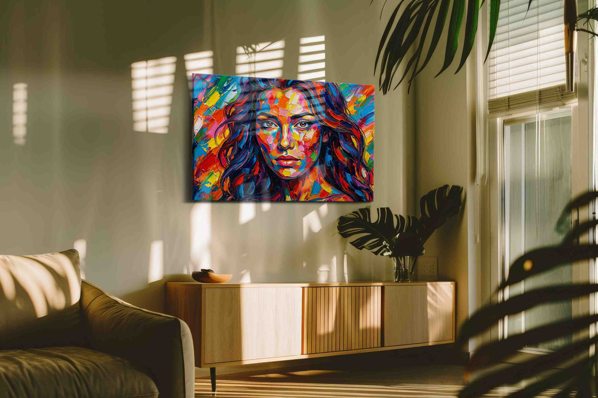 Vibrant Kaleidoscope Muse portraits canvas print in a hung canvas mockup