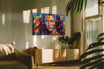 Vibrant Kaleidoscope Muse portraits canvas print in a hung canvas mockup