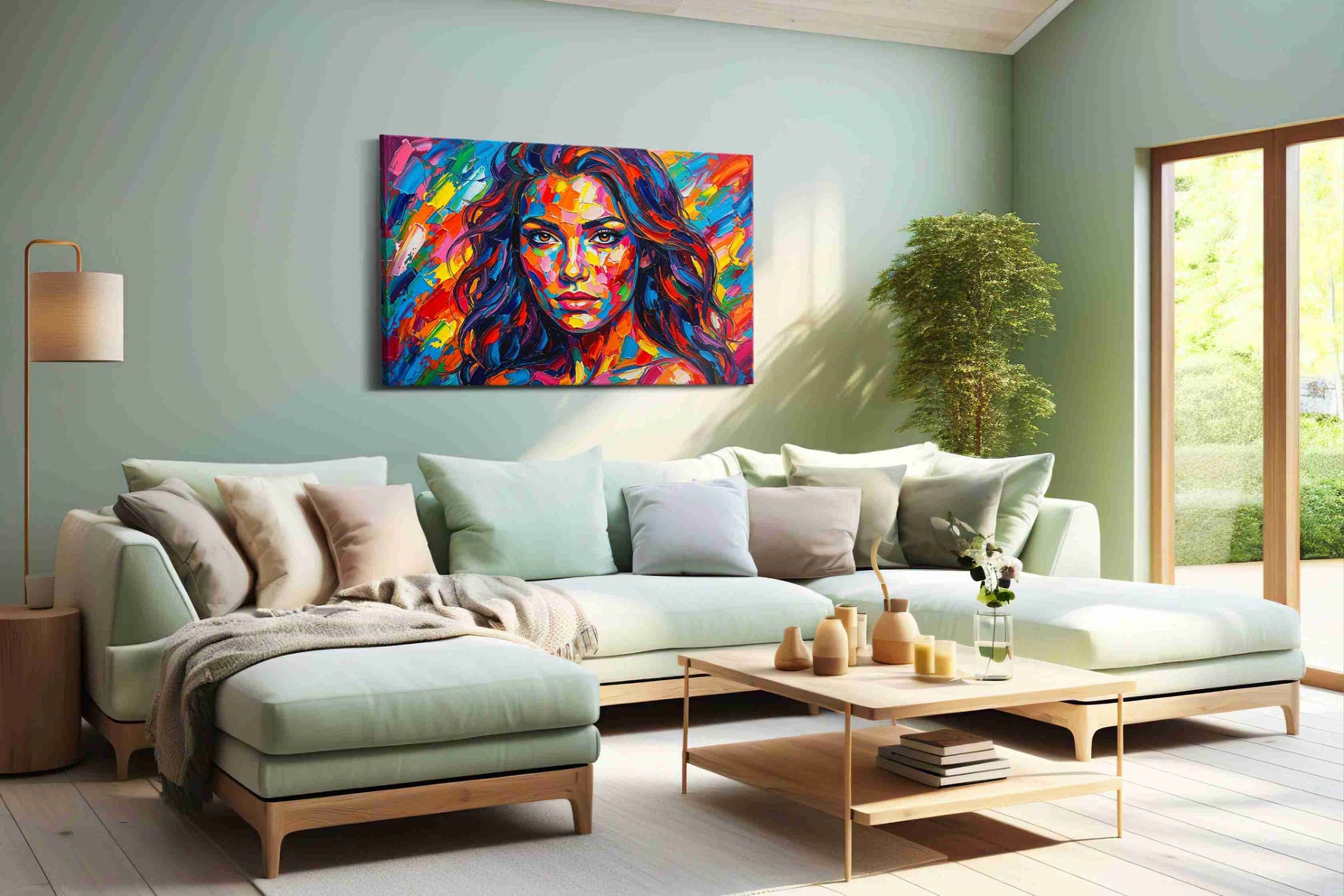 Vibrant Kaleidoscope Muse portraits canvas print, hanging on wall