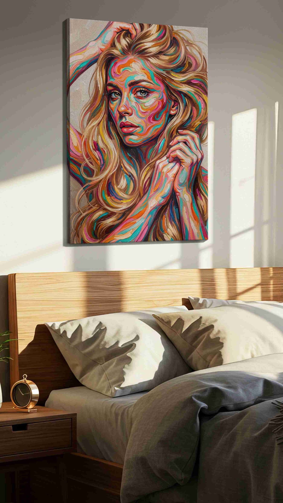 Whirls of Expression (Portraits) - Portrait Wall Art, Figure Canvas Print, People Art in a bedroom scene
