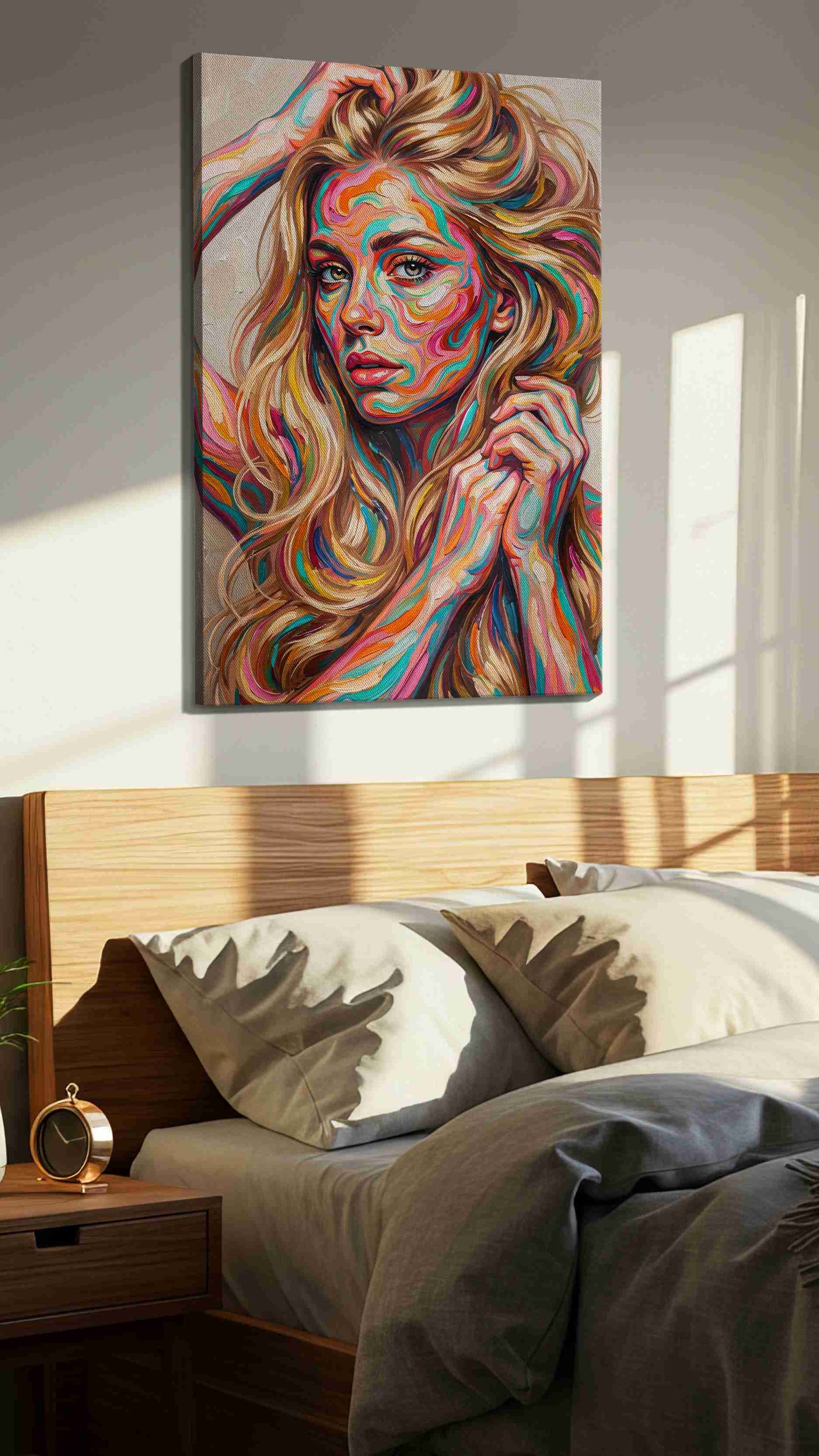 Whirls of Expression (Portraits) - Portrait Wall Art, Figure Canvas Print, People Art in a bedroom scene