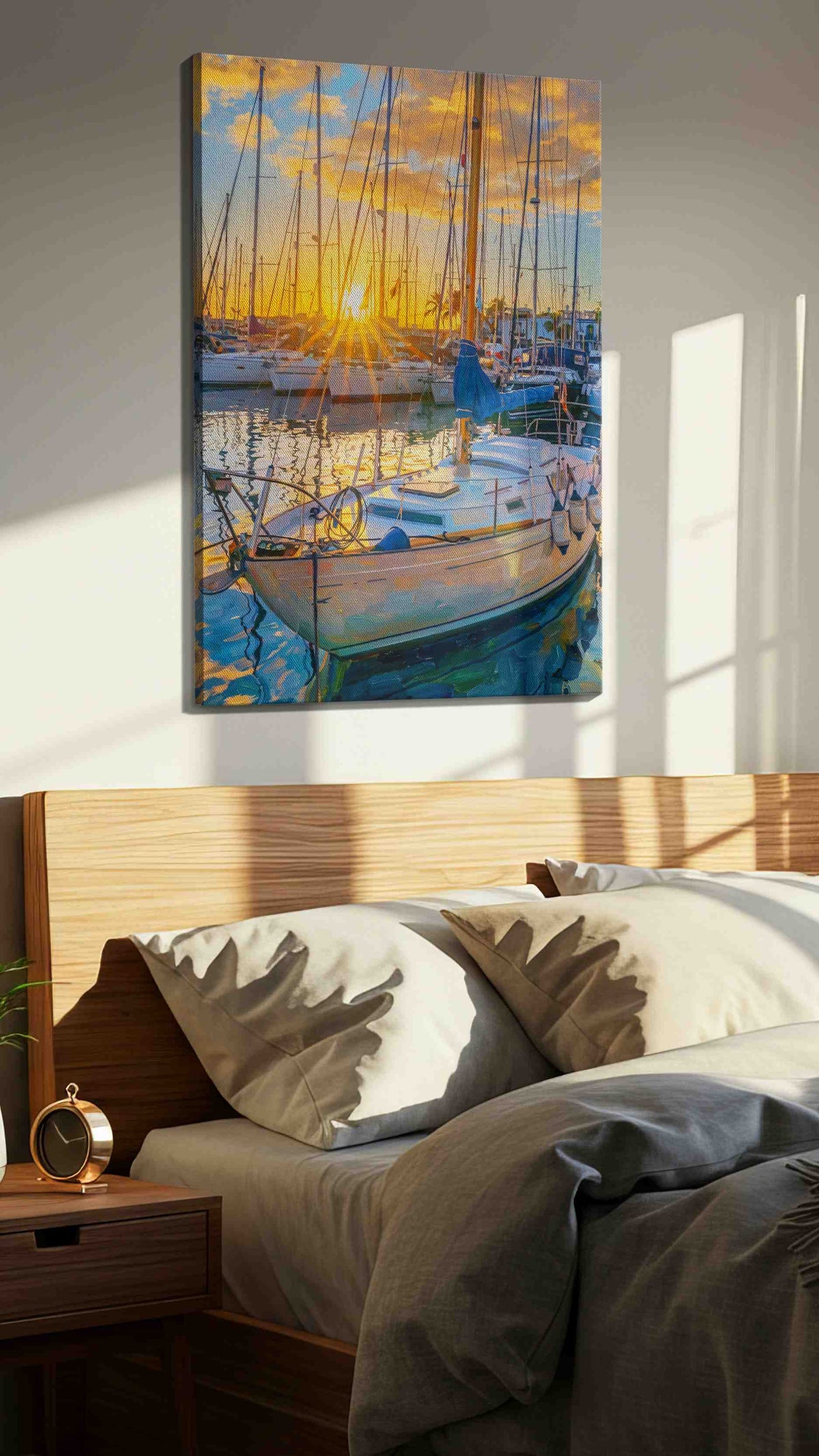 Golden Harbor Dreams sailing canvas print, displayed in a bedroom