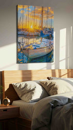 Golden Harbor Dreams sailing canvas print, displayed in a bedroom
