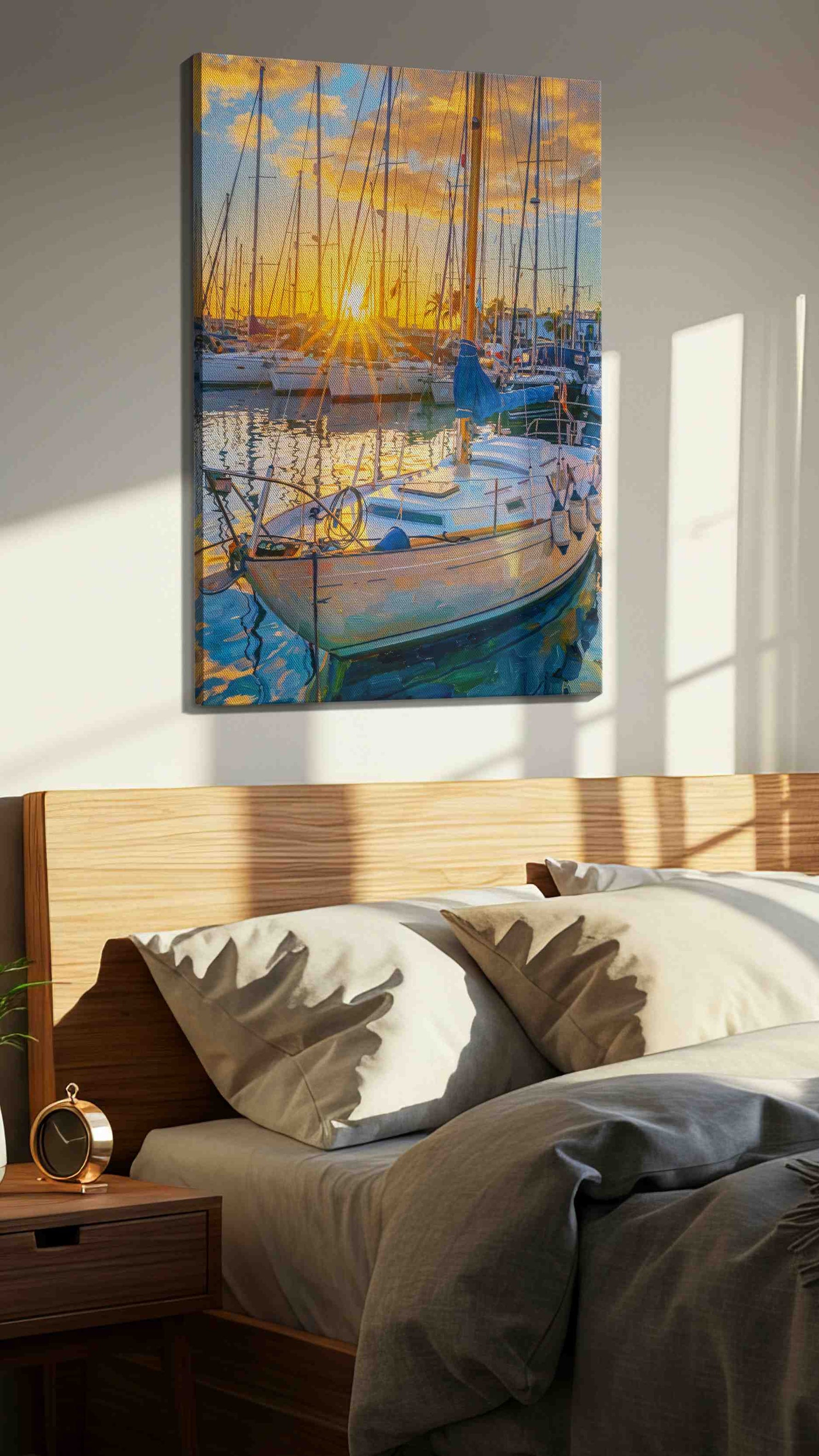 Golden Harbor Dreams sailing canvas print, displayed in a bedroom