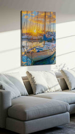 Golden Harbor Dreams sailing canvas print, displayed in a living room