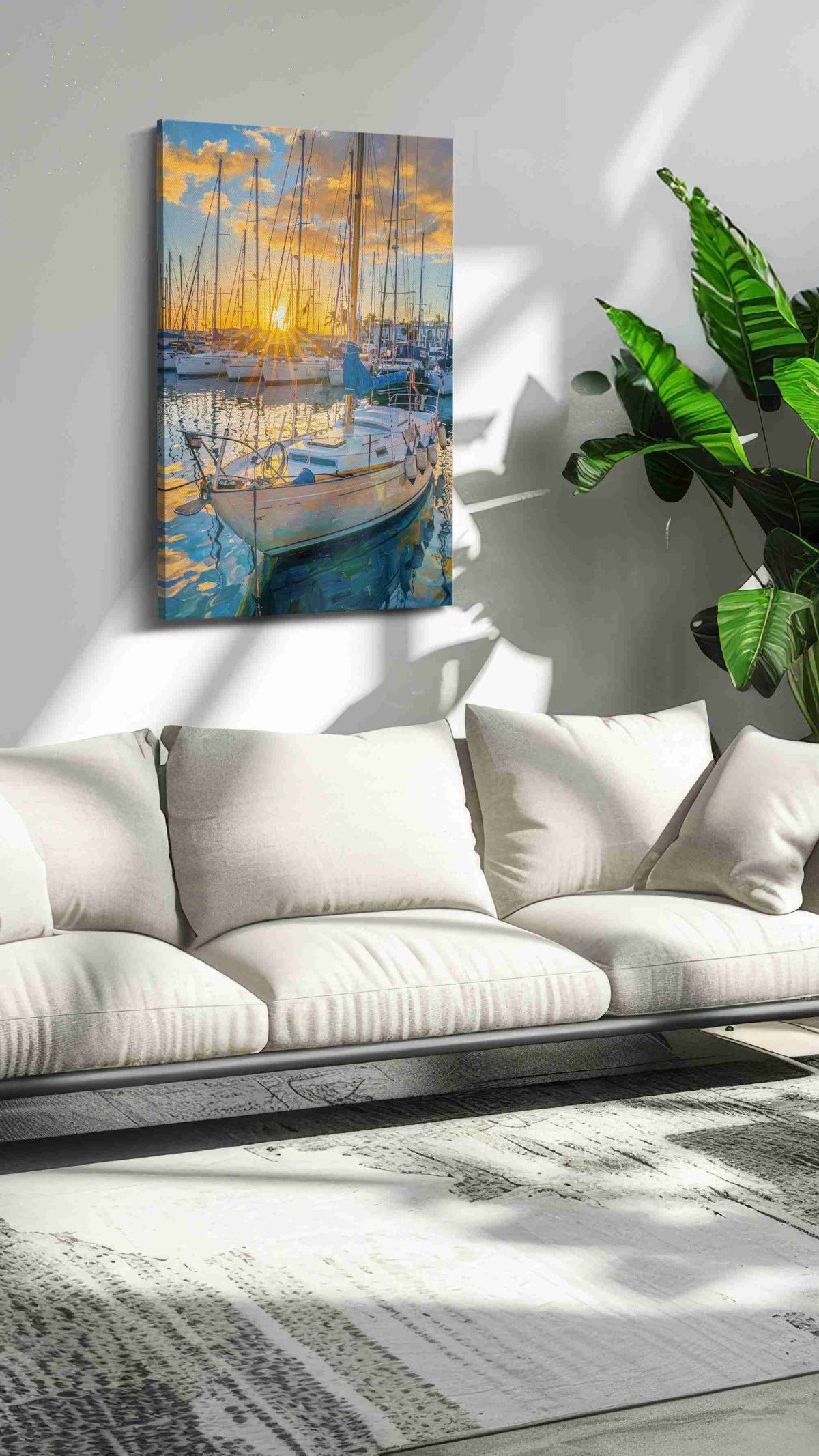 Golden Harbor Dreams sailing canvas print, on wall, lifestyle preview