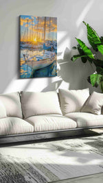 Golden Harbor Dreams sailing canvas print, on wall, lifestyle preview