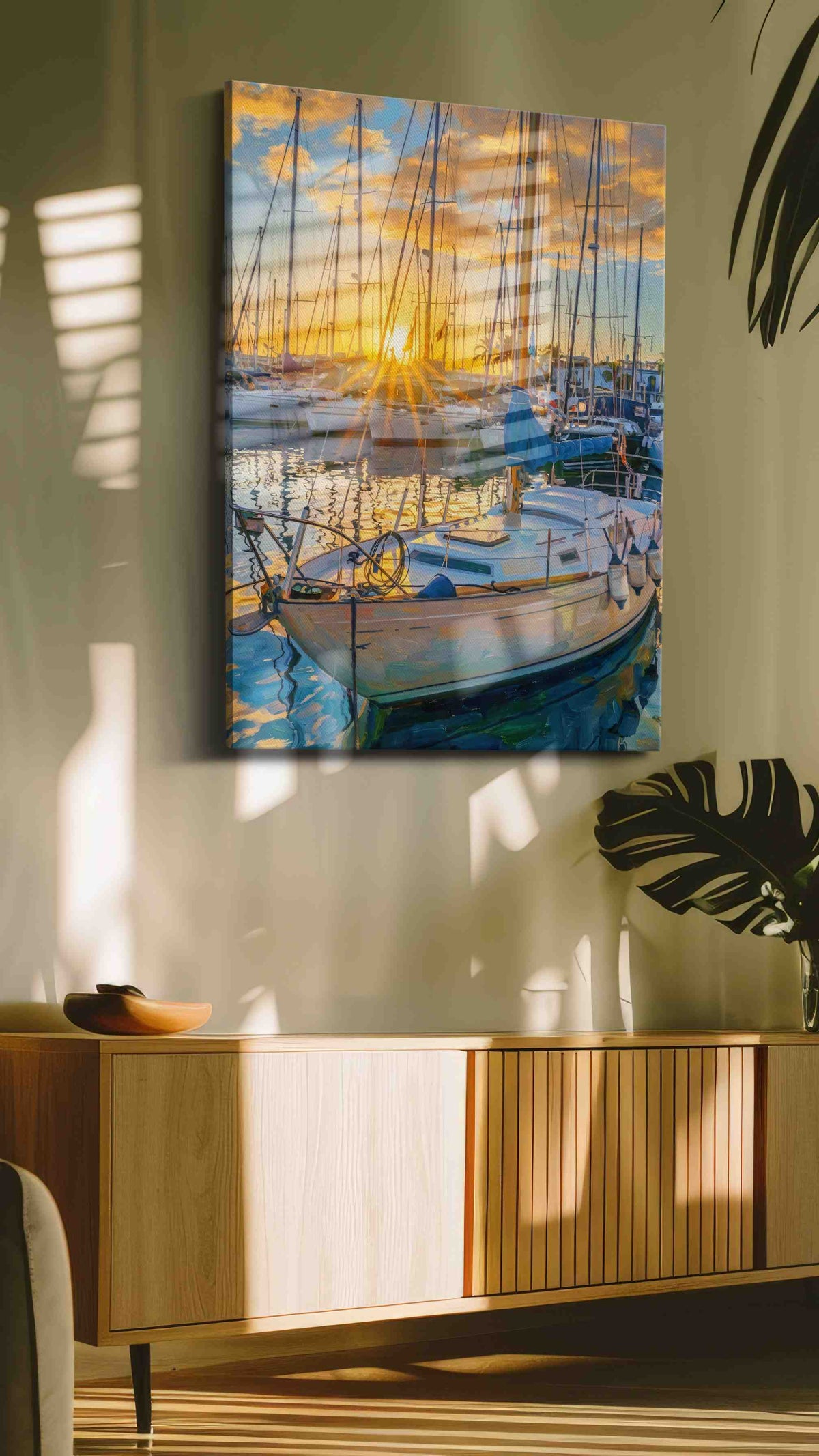 Golden Harbor Dreams sailing canvas print in a contemporary interior mockup