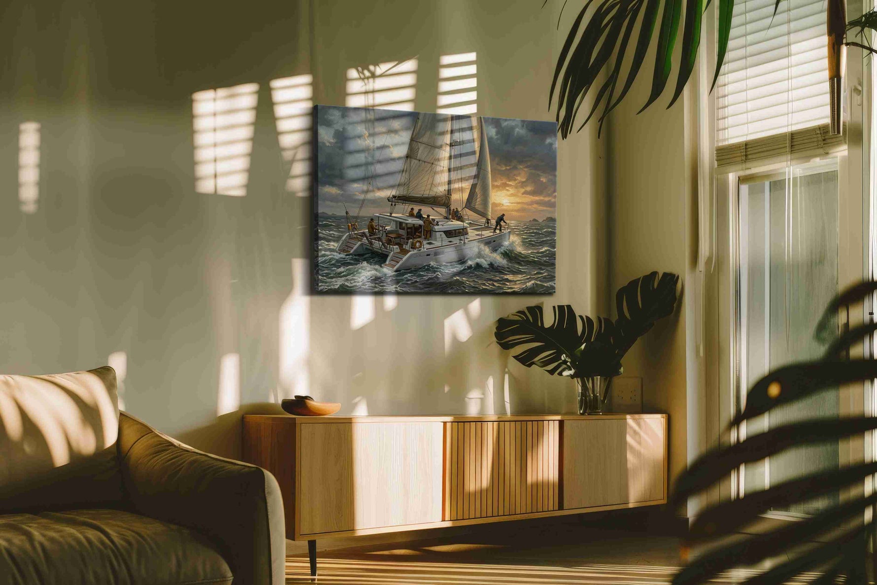 Sailing Into the Storm's Embrace (Sailing) - Nautical Wall Art, Sailing Canvas Print, Maritime Decor styled in a living room