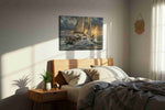 Sailing Into the Storm's Embrace sailing canvas print, displayed in a bedroom