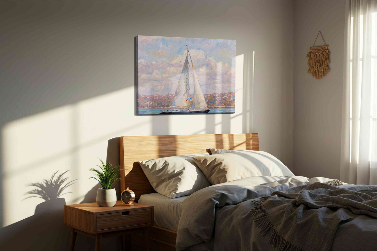 Sailing Serenity Skies sailing canvas print, displayed in a bedroom