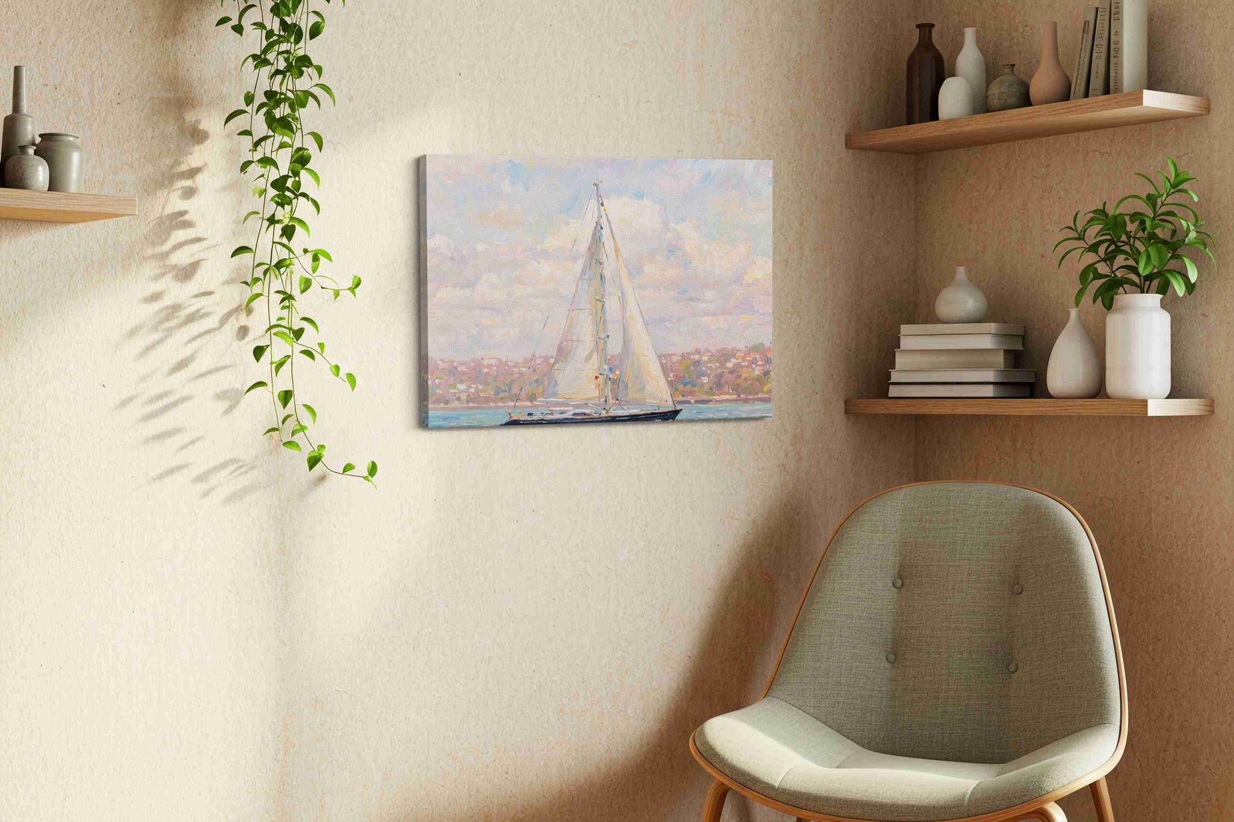 Sailing Serenity Skies sailing canvas print, displayed in a living room