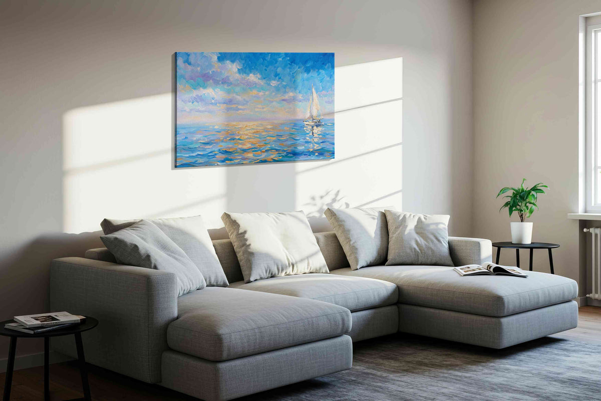 Sailing into Serenity sailing canvas print in a living room scene