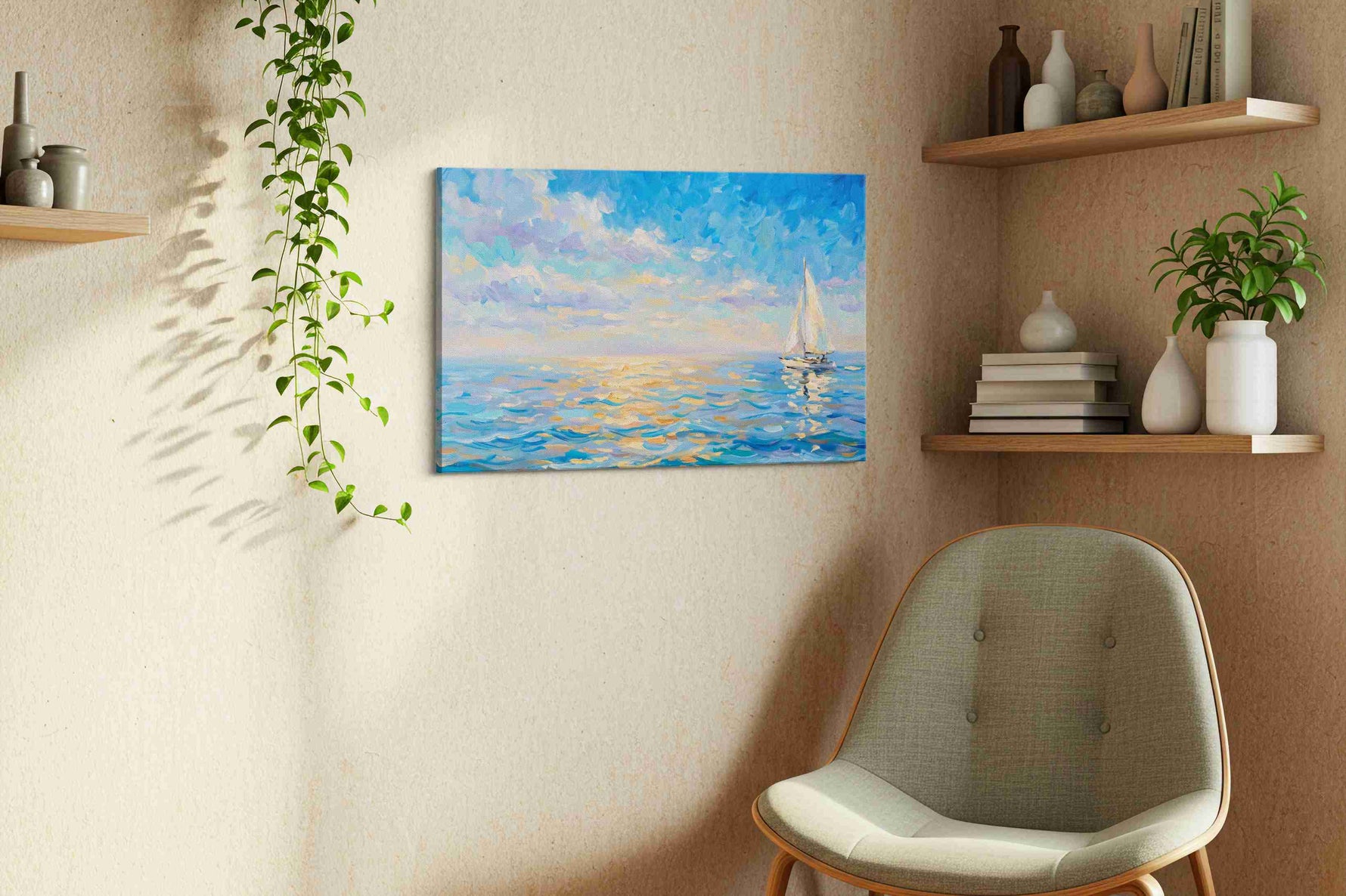 Sailing into Serenity sailing canvas print, displayed in a living room