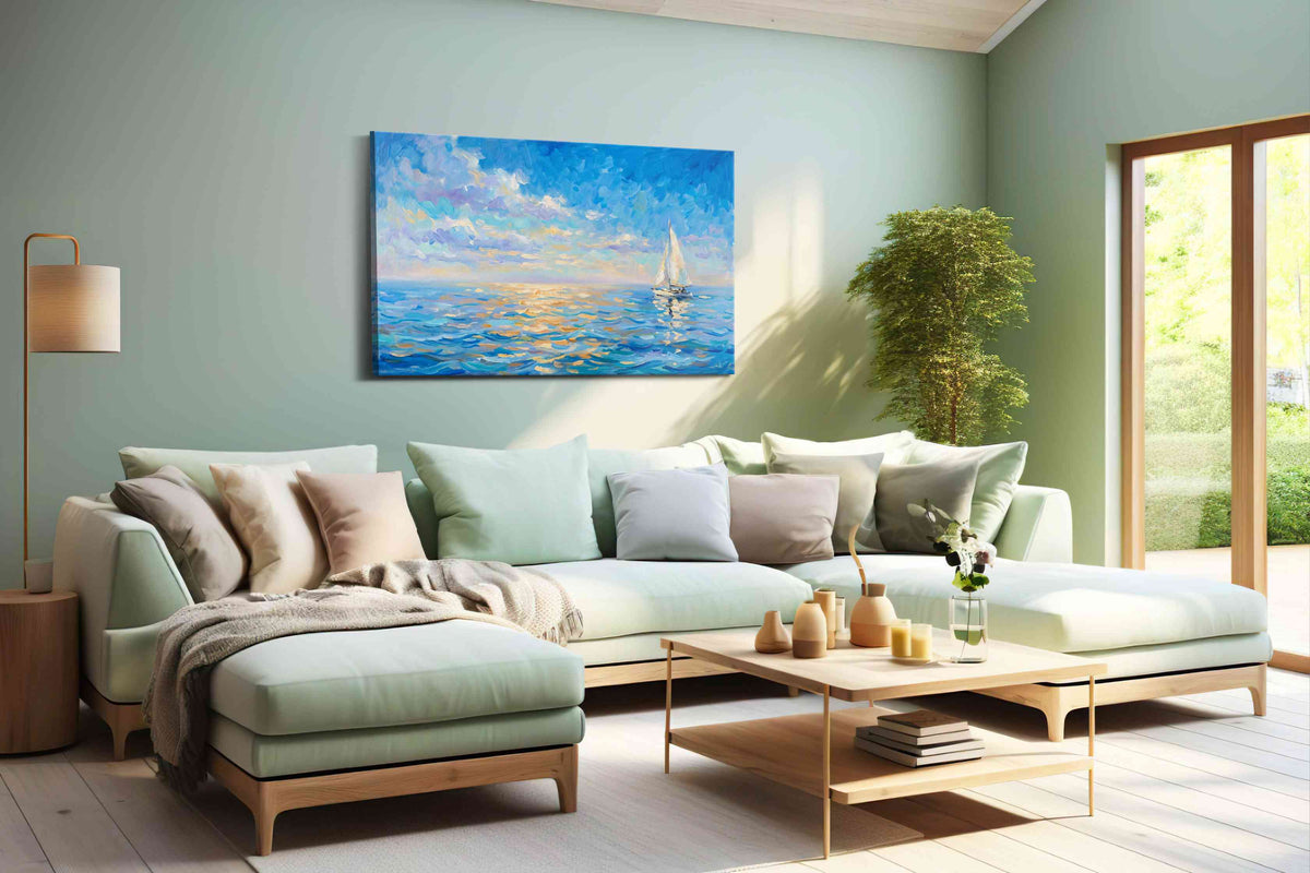 Sailing into Serenity sailing canvas print, hanging on wall