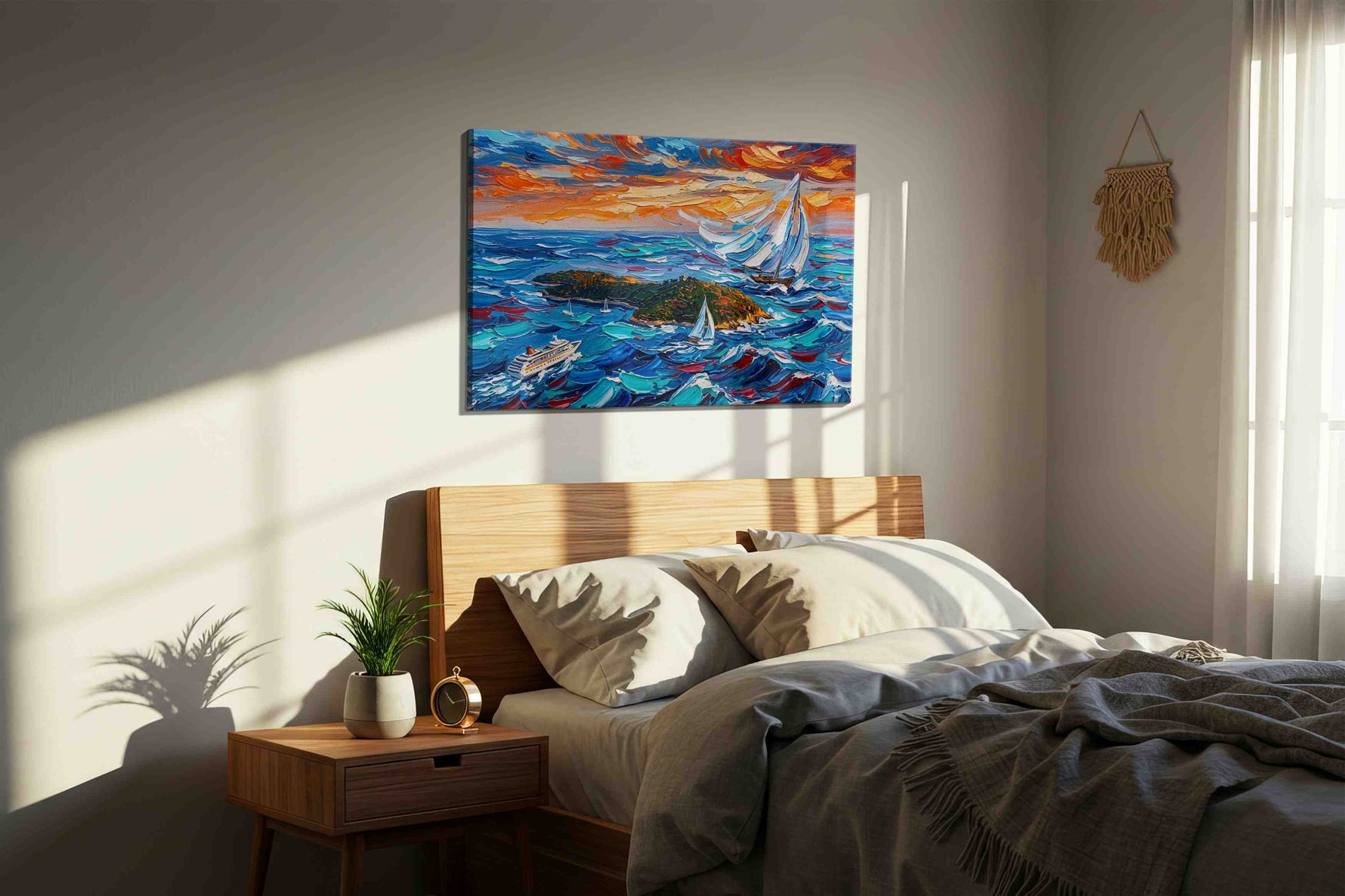 Sailing into the Sunset II sailing canvas print, displayed in a bedroom