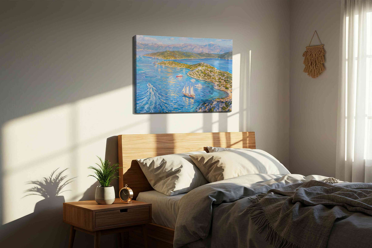 Sails Over Cerulean Waters sailing canvas print, displayed in a bedroom