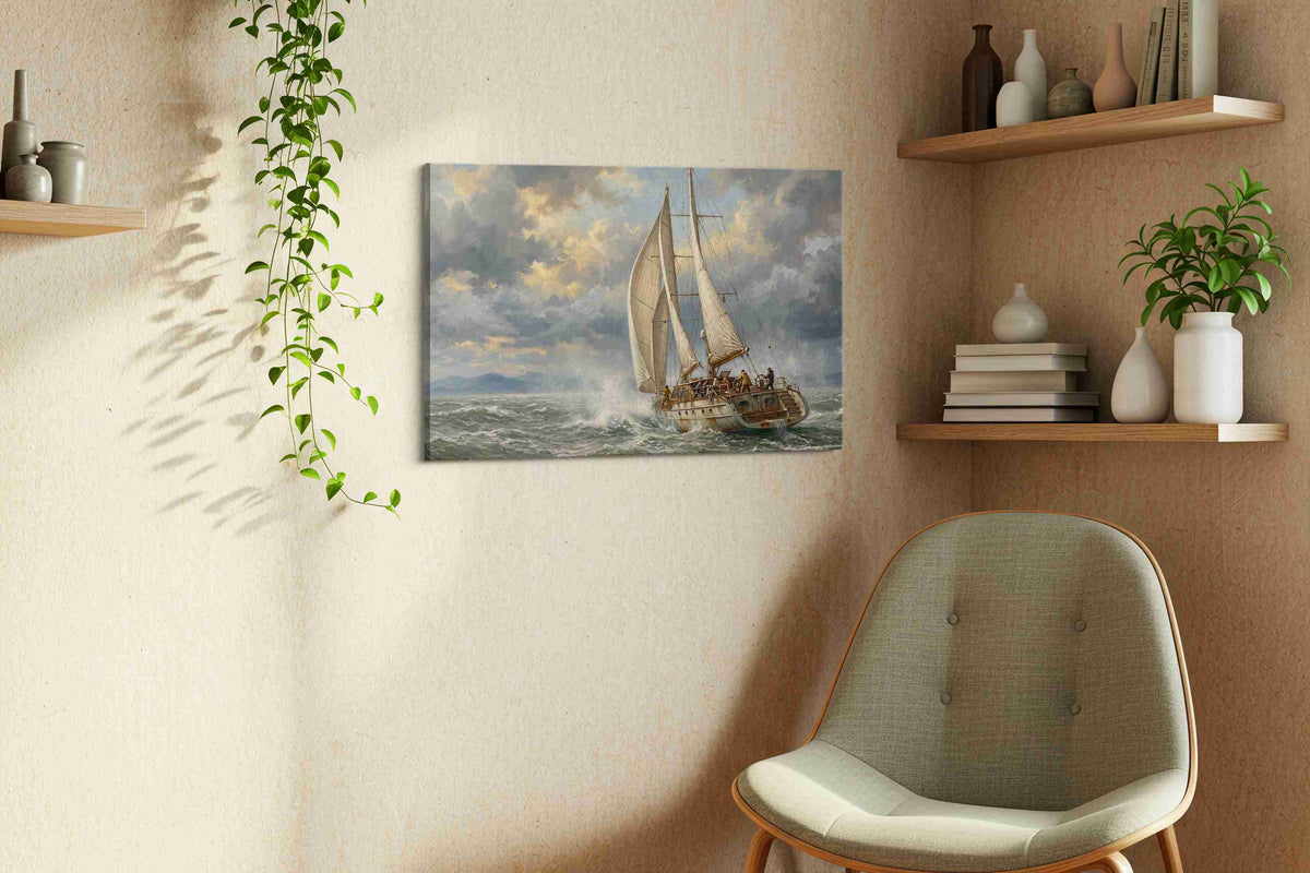 Stormy Seas Adventure sailing canvas print, displayed in a living room